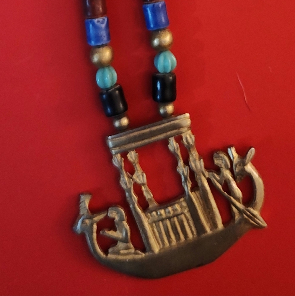 Rare Kenneth Lane KJL Egyptian Goldtone Bead Boat Necklace